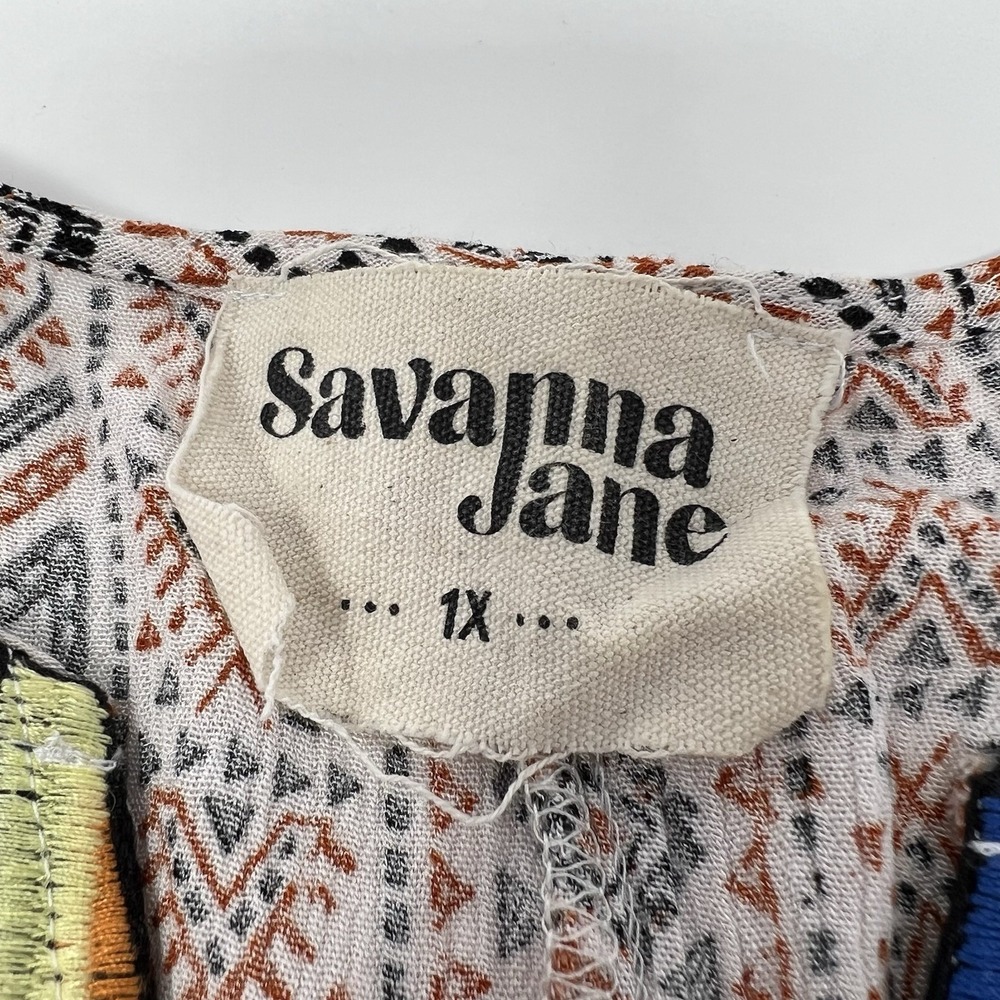 Savanna Jane Embroidered Panel Top 1X Geometric Aztec Boho Tribal Southwest - Picture 5 of 7